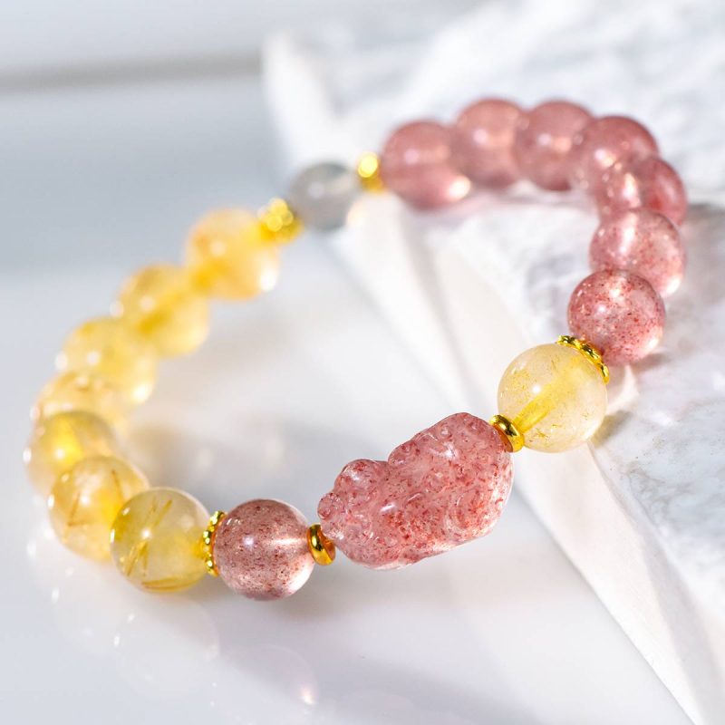 Pixiu Bracelet，Golden Rutilated & Strawberry Quartz