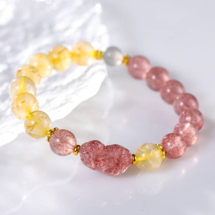 Golden Rutilated & Strawberry Quartz Pixiu Bracelet