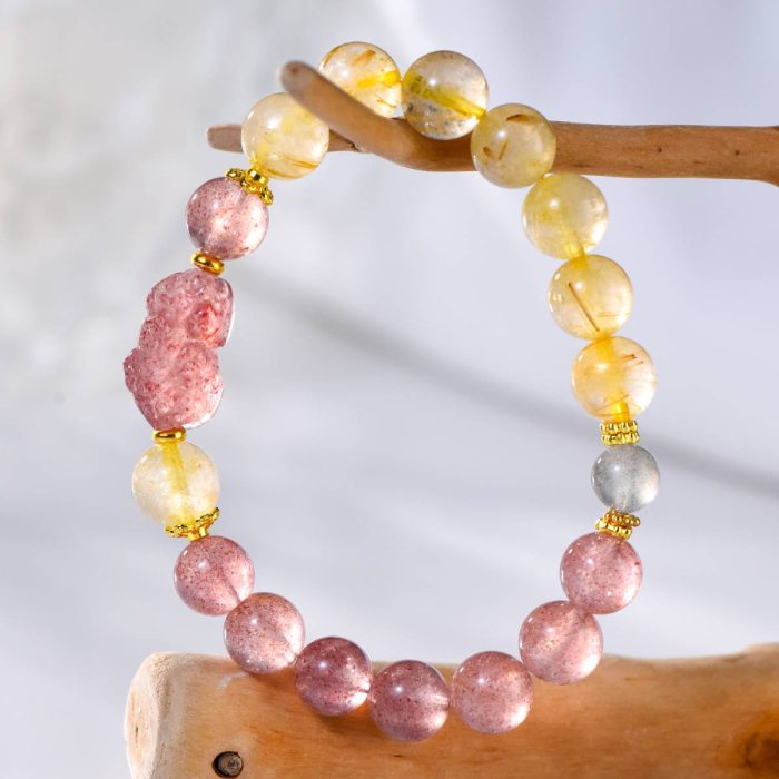 Golden Rutilated & Strawberry Quartz Pixiu Bracelet