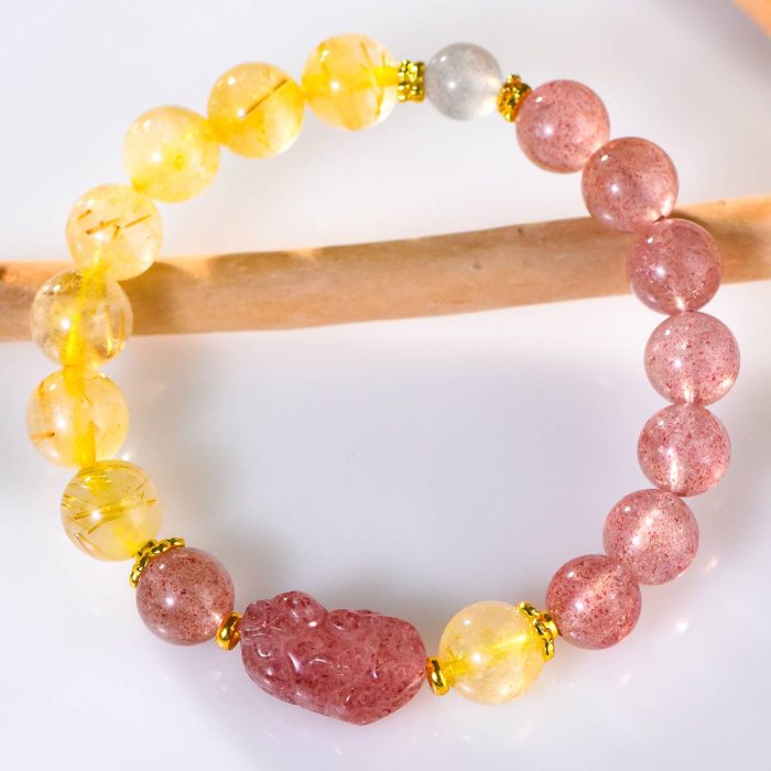 Pixiu Bracelet, Golden Rutilated & Strawberry Quartz Pixiu Bracelet