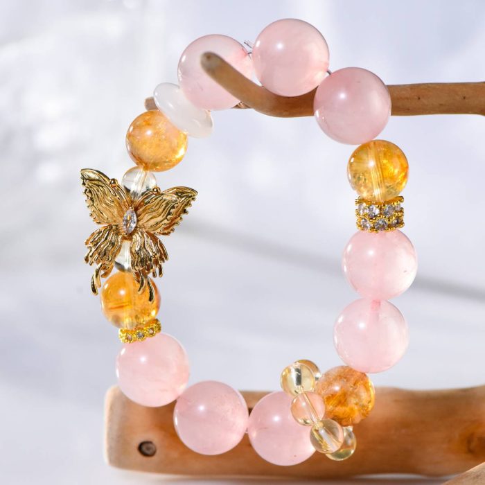 Large Grapefruit Ross Quartz With Azeztulite Citrine Bracelet